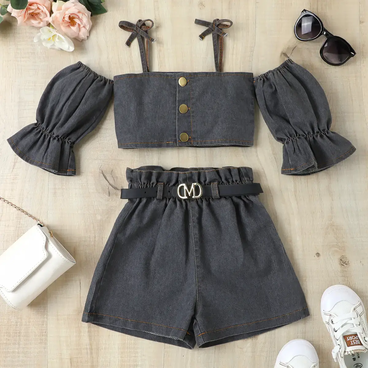 Girls Denim Shorts Top Set Blue Casual Summer Wear - Image 4