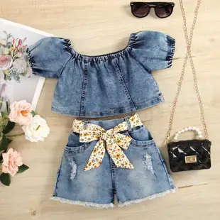 Girls Denim Shorts Top Set Blue Casual Summer Wear — feature 30