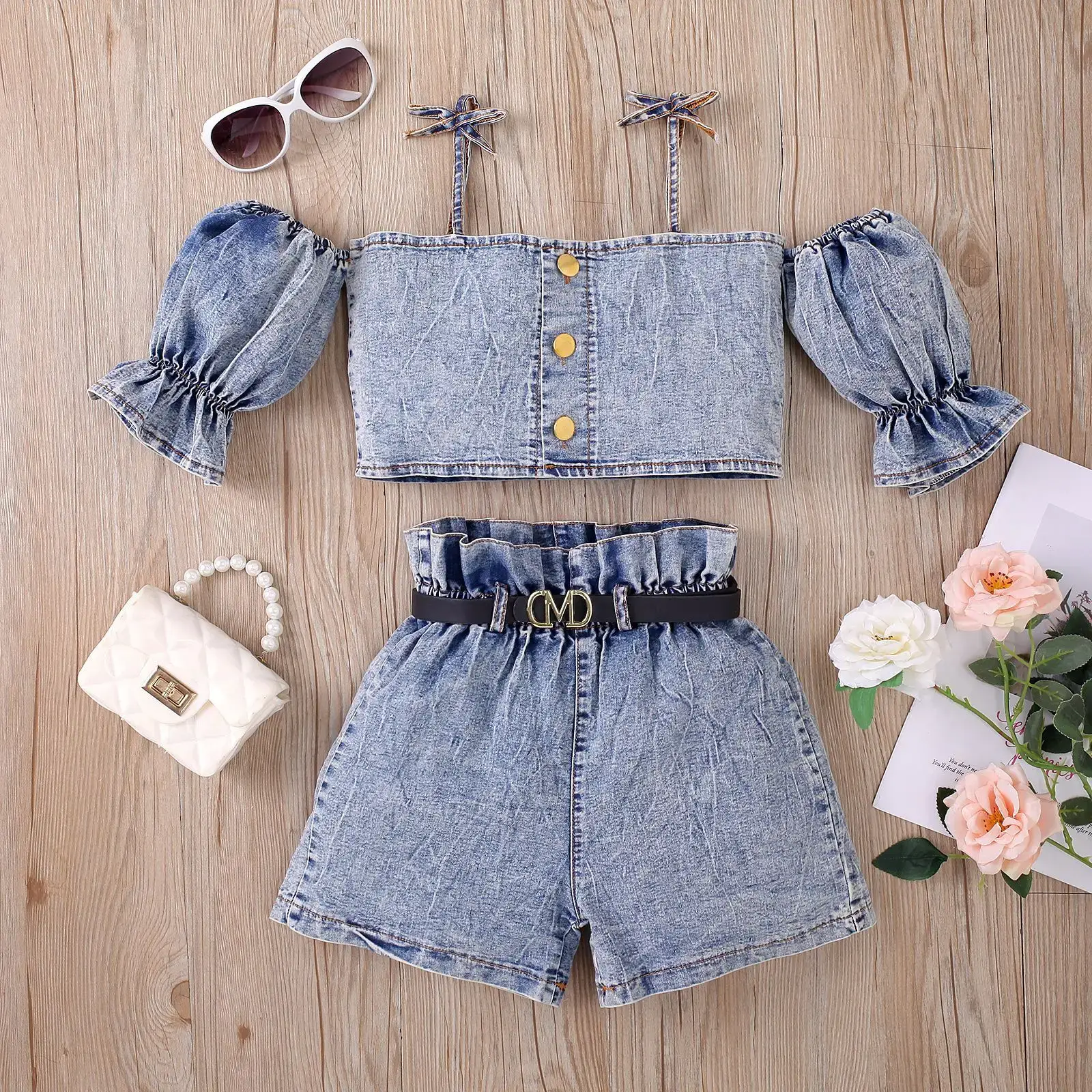Girls Denim Shorts Top Set Blue Casual Summer Wear - Image 2
