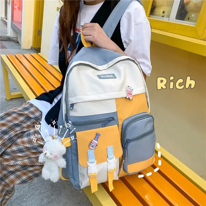 Korean Style Pink Beige School Backpack for Girls