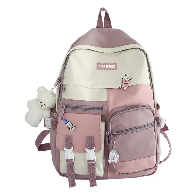 Korean Style Pink Beige School Backpack for Girls