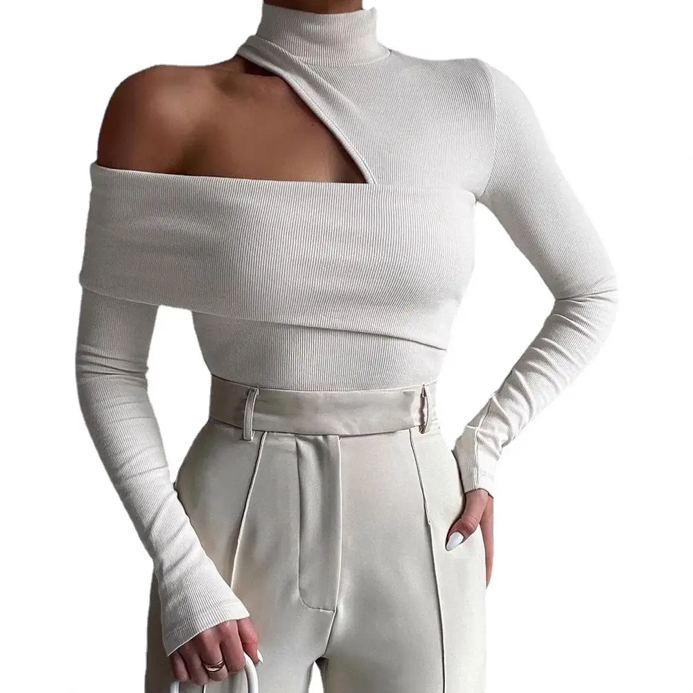 Black One-Shoulder Long-Sleeved Halter Top for Women