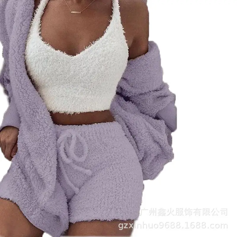 Women's Plush 3-Piece Winter Set Orange Shorts & Longsleeves