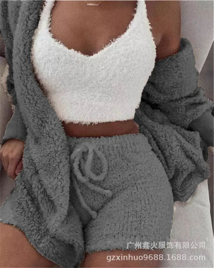 Women's Plush 3-Piece Winter Set Orange Shorts & Longsleeves — feature 19