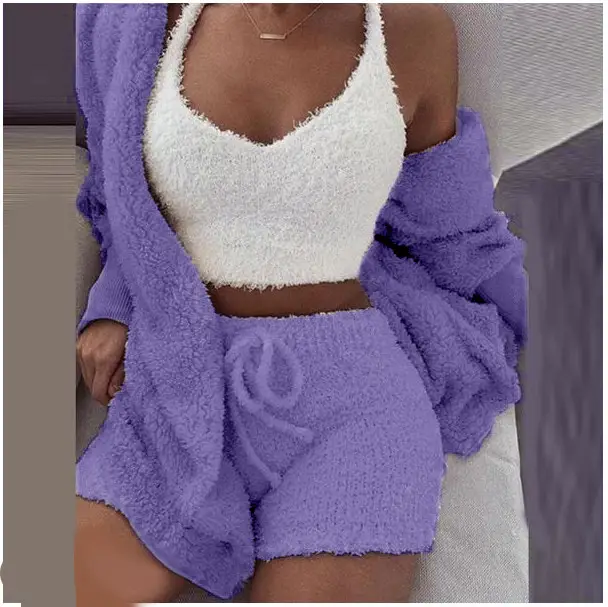 Women's Plush 3-Piece Winter Set Orange Shorts & Longsleeves