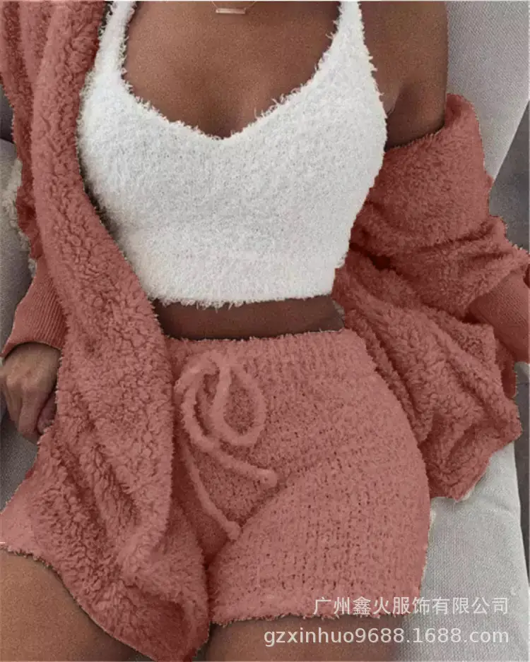 Women's Plush 3-Piece Winter Set Orange Shorts & Longsleeves