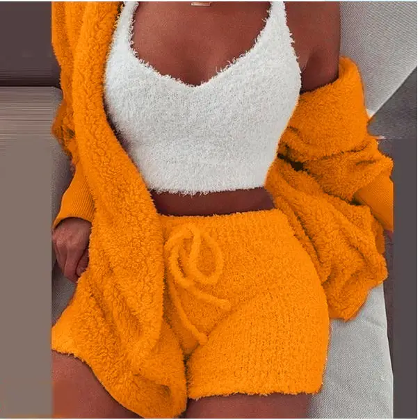 Women's Plush 3-Piece Winter Set Orange Shorts & Longsleeves