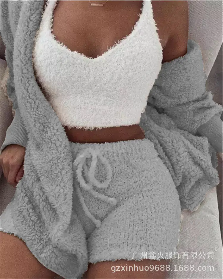 Women's Plush 3-Piece Winter Set Orange Shorts & Longsleeves