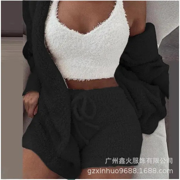 Women's Plush 3-Piece Winter Set Orange Shorts & Longsleeves
