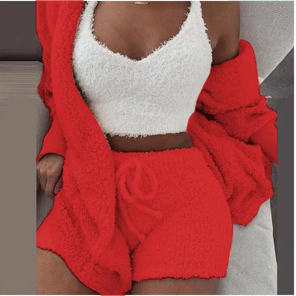 Women's Plush 3-Piece Winter Set Orange Shorts & Longsleeves