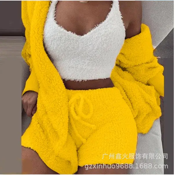 Women's Plush 3-Piece Winter Set Orange Shorts & Longsleeves