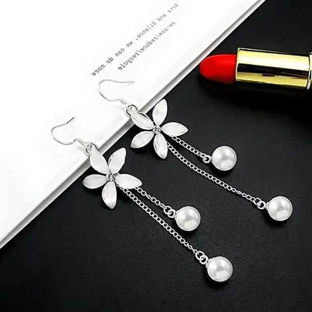 Silver Flower Pearl Earrings Set for Women - Image 4