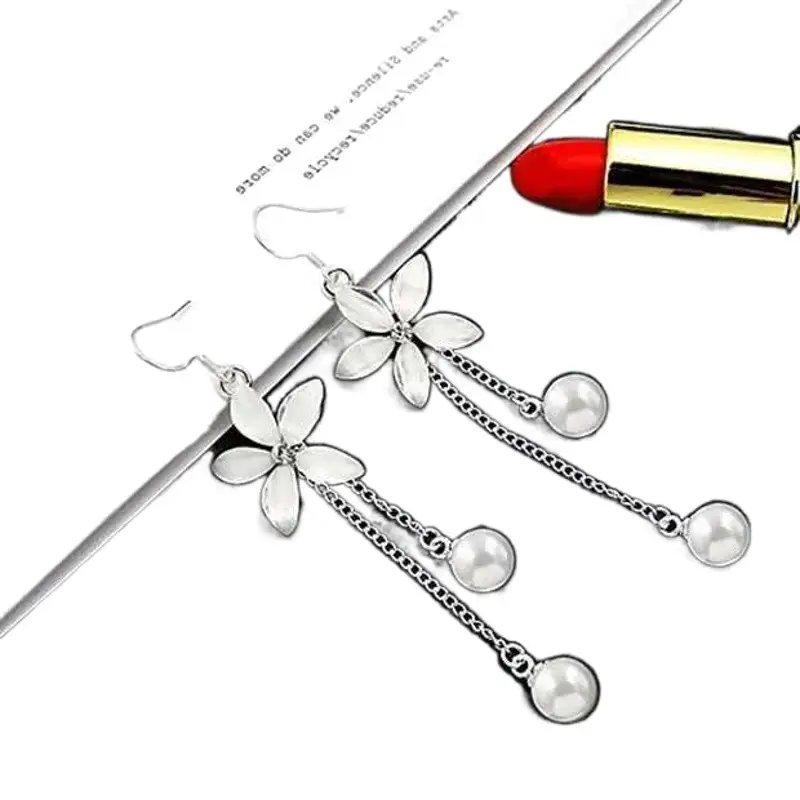 Silver Flower Pearl Earrings Set for Women