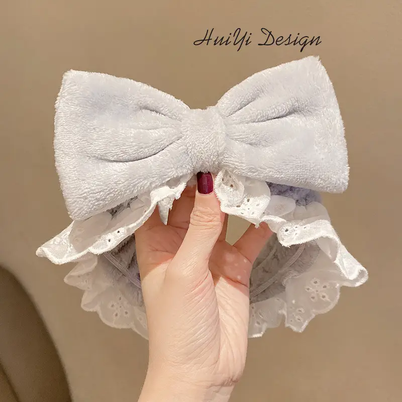 White Plush Hair Band with Lace Bow for Girls