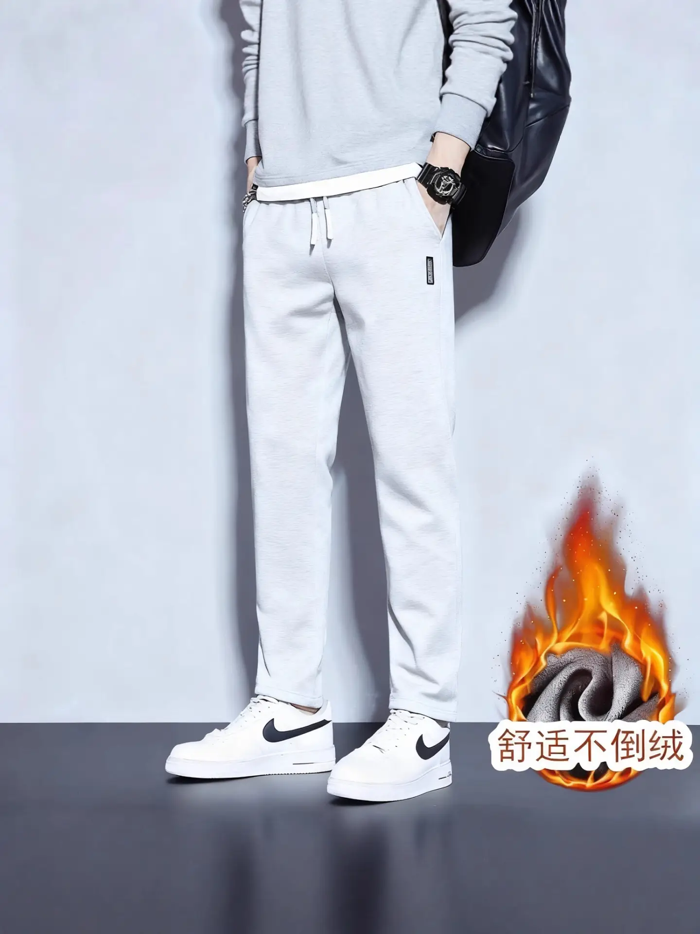 Men Fleece Lined Straight Leg Pants Grey Large - Image 42