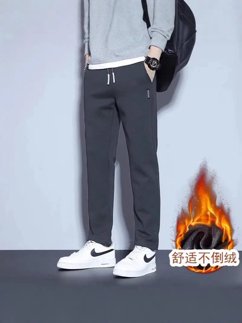 Men Fleece Lined Straight Leg Pants Grey Large - Image 43