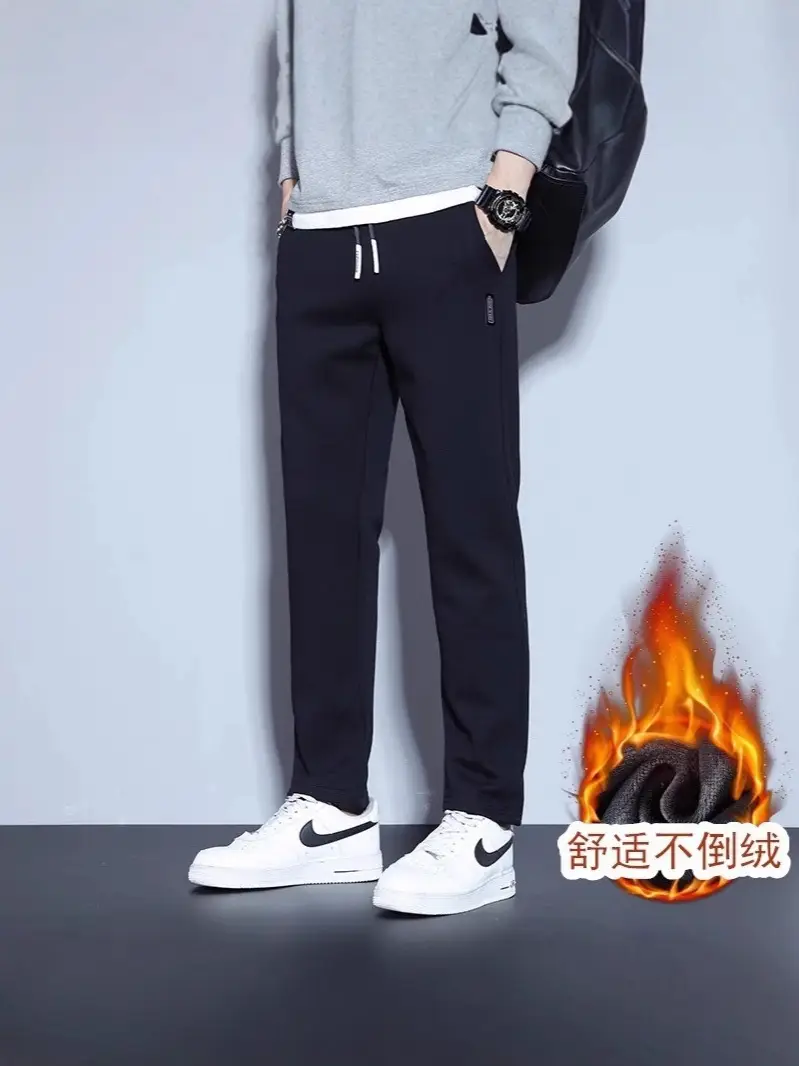 Men Fleece Lined Straight Leg Pants Grey Large - Image 44