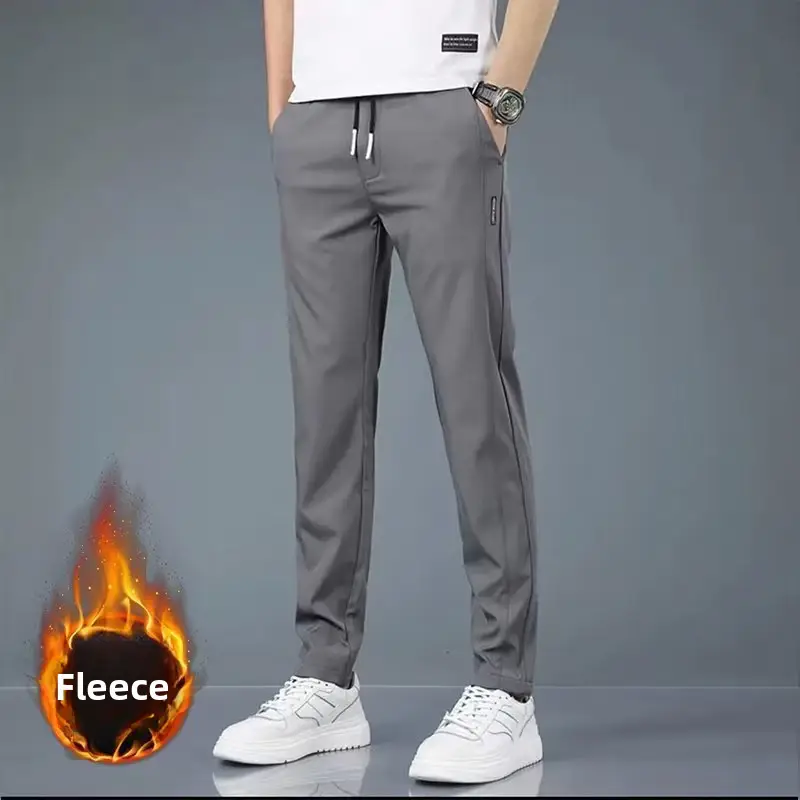 Men Fleece Lined Straight Leg Pants Grey Large - Image 10