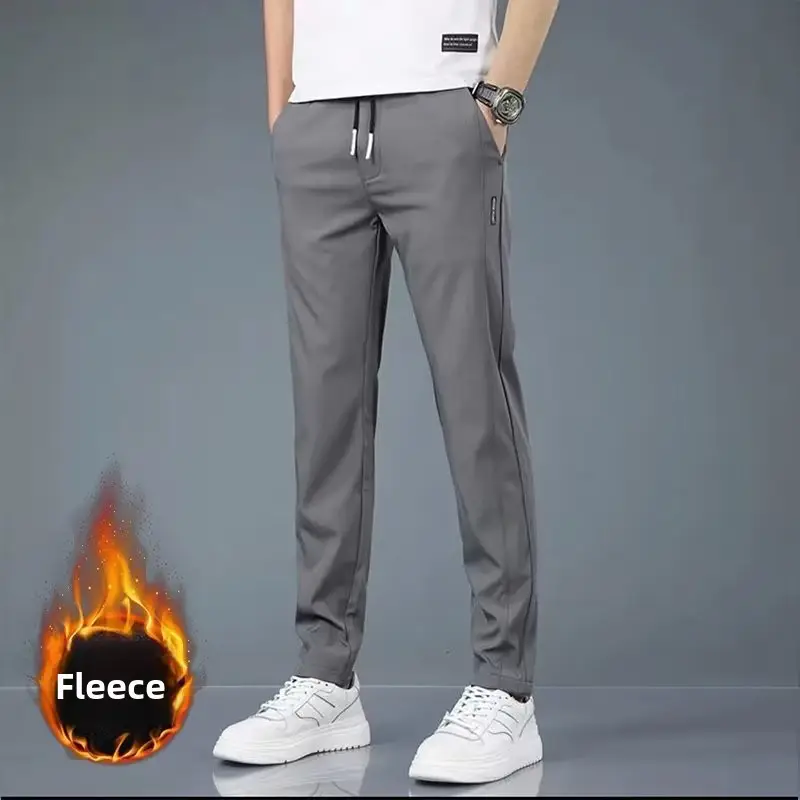 Men Fleece Lined Straight Leg Pants Grey Large - Image 14