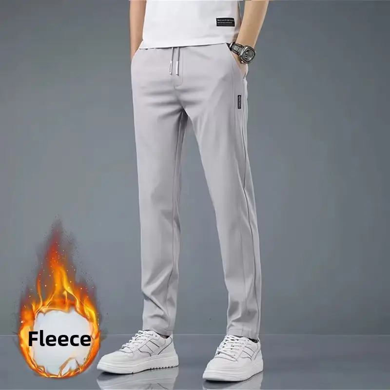 Men Fleece Lined Straight Leg Pants Grey Large - Image 17