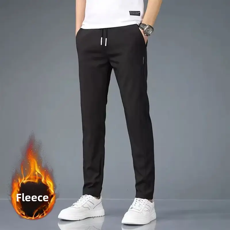 Men Fleece Lined Straight Leg Pants Grey Large - Image 3