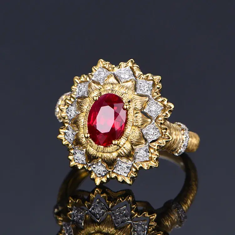 Italian Textured Carved Gold Ring Red Diamond Double - Image 2