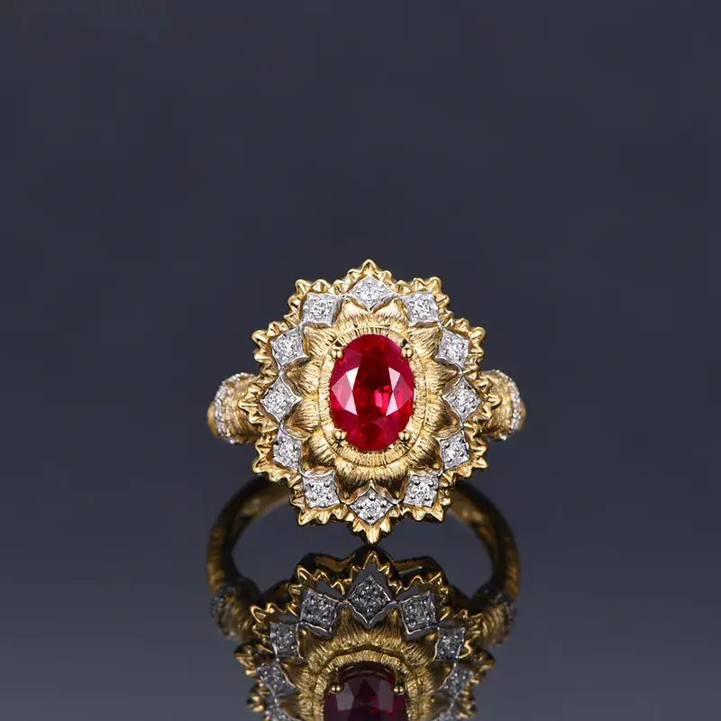 Italian Textured Carved Gold Ring Red Diamond Double - Image 3
