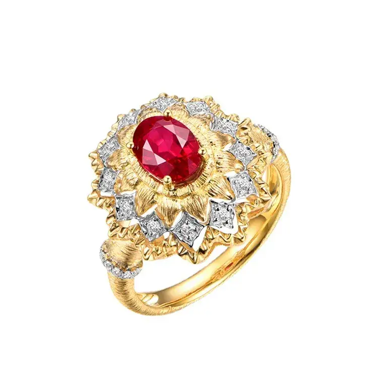 Italian Textured Carved Gold Ring Red Diamond Double - Image 4