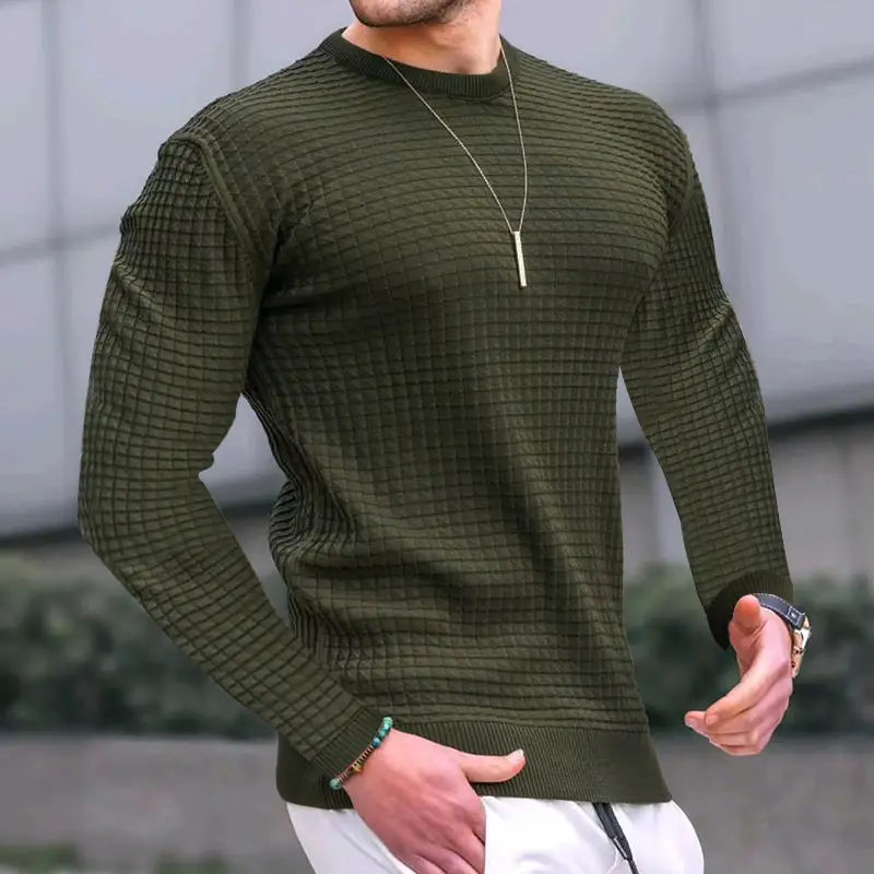 Men Knitted Crewneck Pullover Olive Green Long Sleeve - Image 9