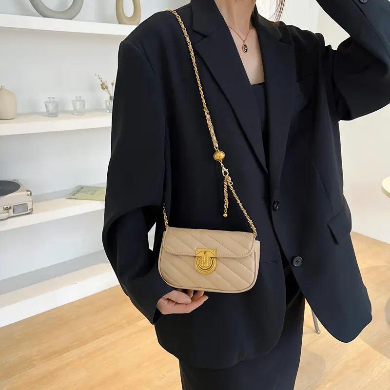 Women's Rhombic Embroidery Crossbody Bag Brown Gold Chain - Image 6
