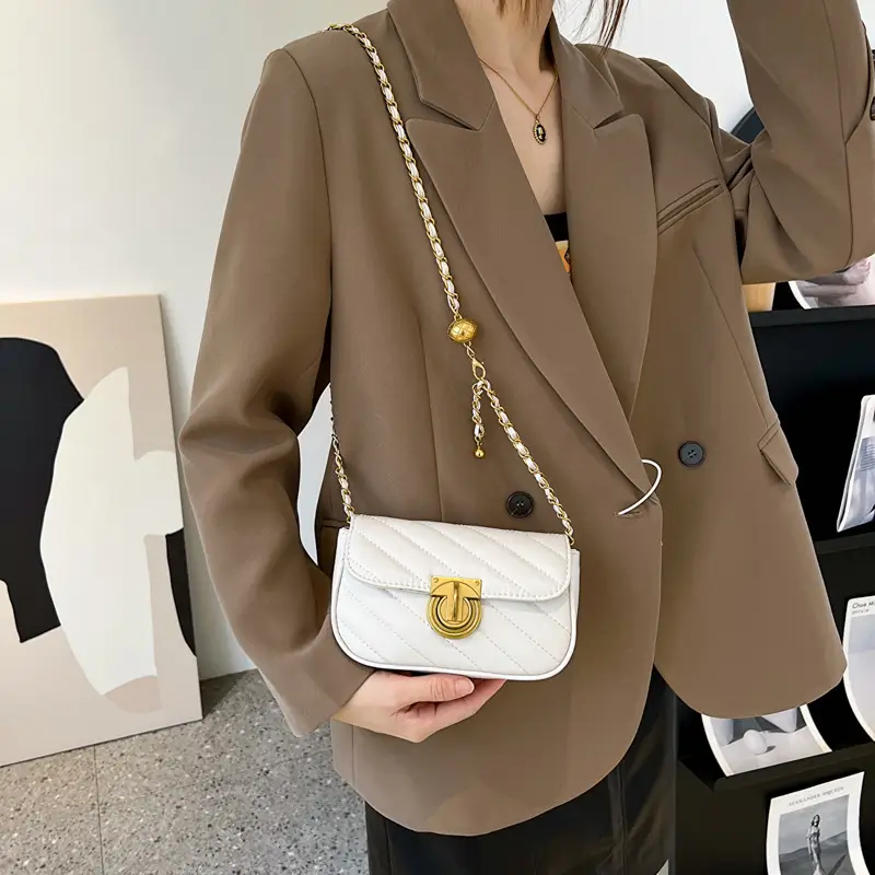 Women's Rhombic Embroidery Crossbody Bag Brown Gold Chain - Image 7