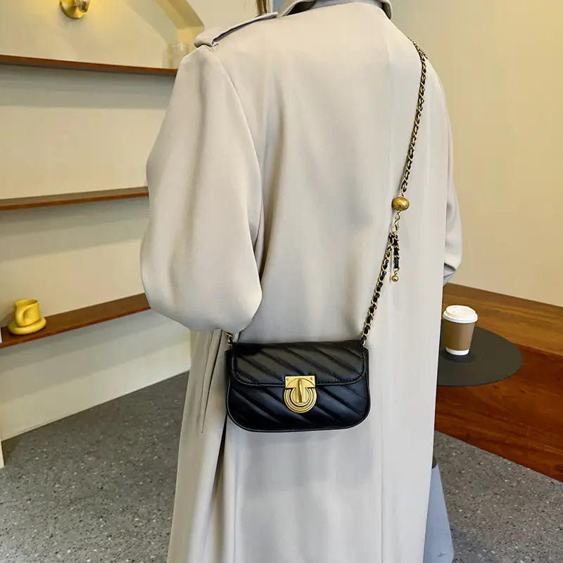 Women's Rhombic Embroidery Crossbody Bag Brown Gold Chain - Image 8