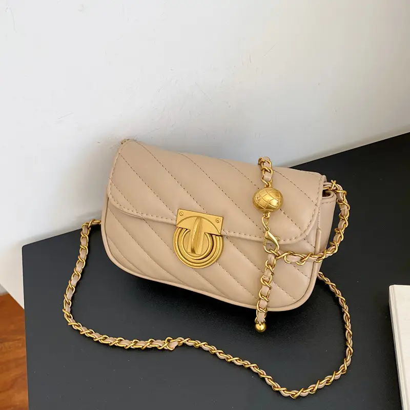 Women's Rhombic Embroidery Crossbody Bag Brown Gold Chain - Image 2
