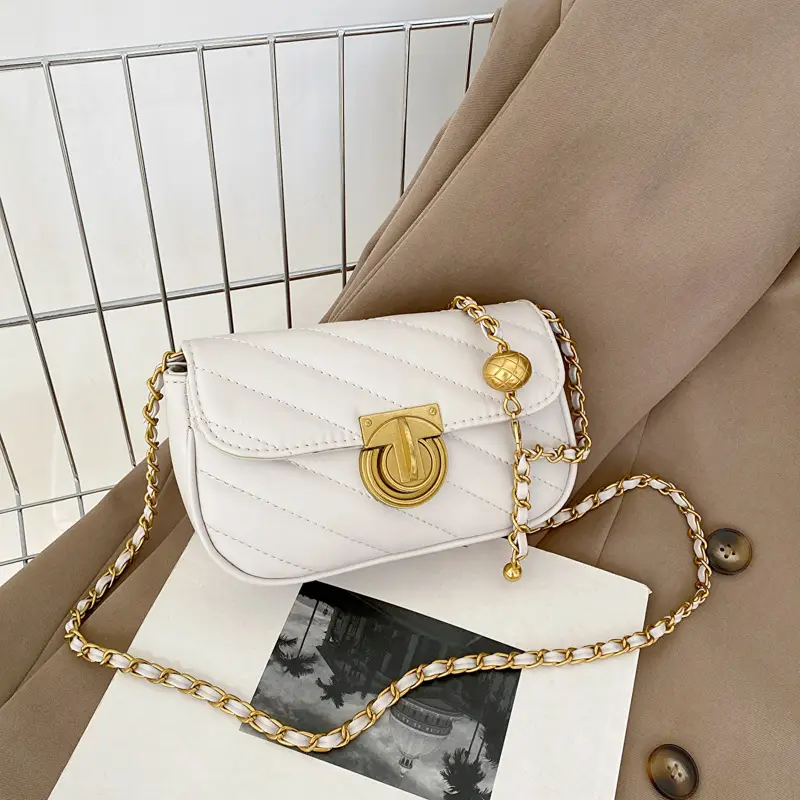 Women's Rhombic Embroidery Crossbody Bag Brown Gold Chain - Image 3
