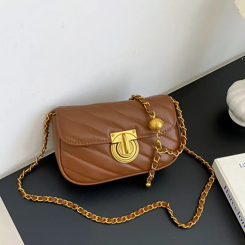 Women's Rhombic Embroidery Crossbody Bag Brown Gold Chain - Image 4
