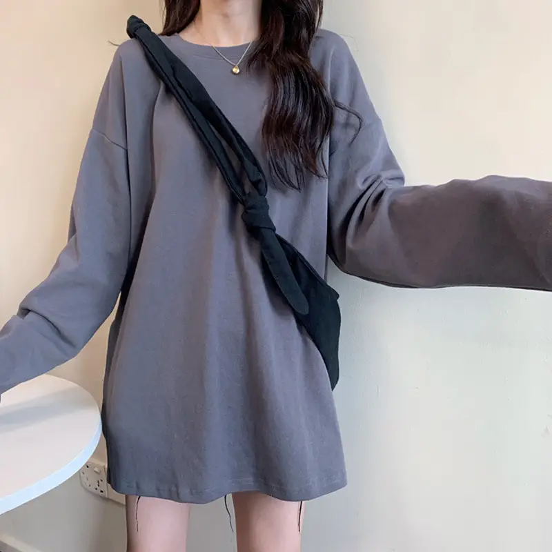 Women's Grey Split Crewneck Long Sleeve Top - Image 4
