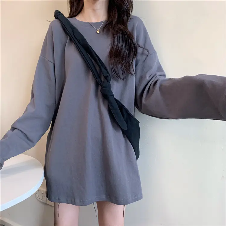 Women's Grey Split Crewneck Long Sleeve Top - Image 3