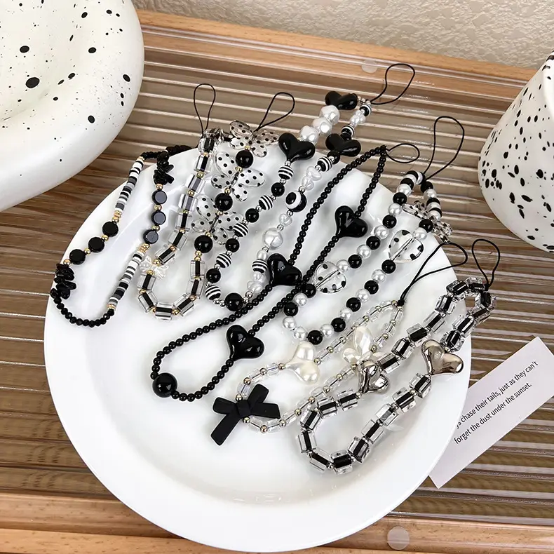 Black Beaded Mobile Phone Lanyard with Pearl Drop Resistant Design - Image 5