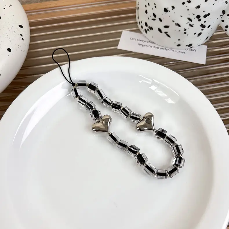 Black Beaded Mobile Phone Lanyard with Pearl Drop Resistant Design - Image 2