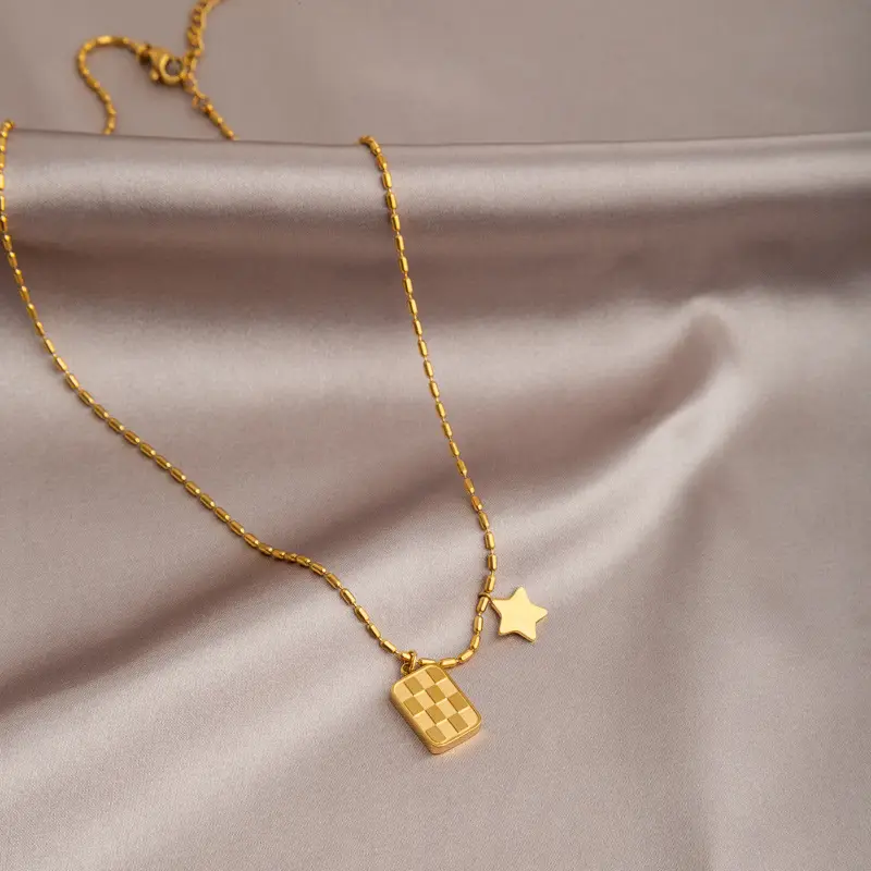 Checkerboard Titanium Necklace with Star Accents - Image 3