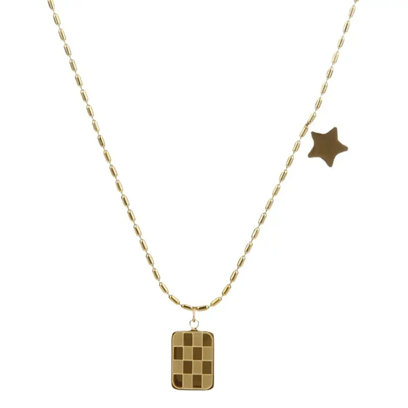 Checkerboard Titanium Necklace with Star Accents