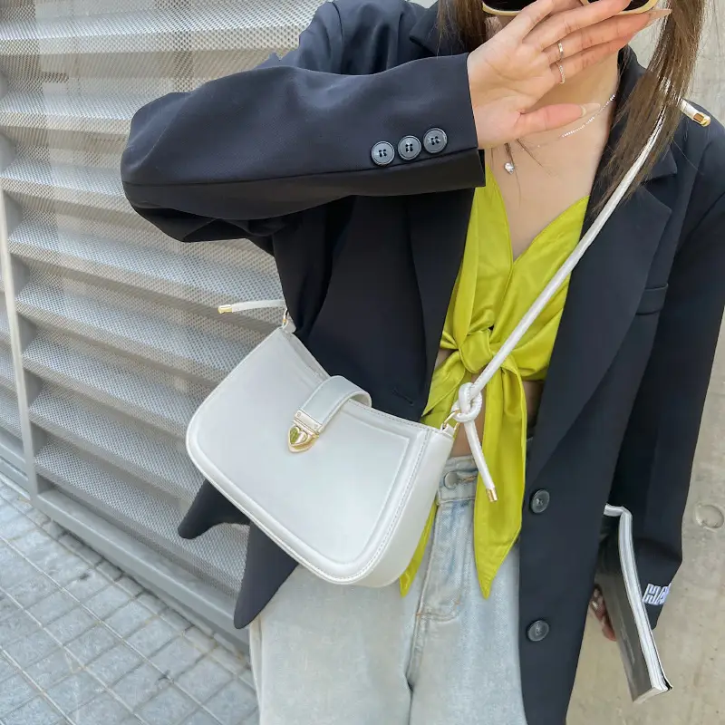 White Leather Shoulder Bag with Gold Hardware - Image 7