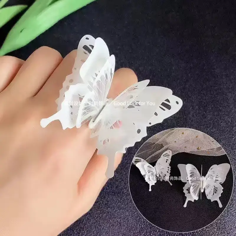 White Butterfly Ring with Red Stones Adjustable Multi Layer - Image 3