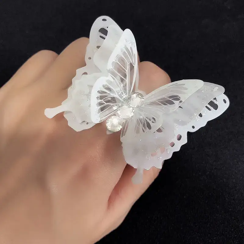 White Butterfly Ring with Red Stones Adjustable Multi Layer - Image 6
