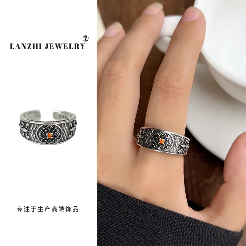 Lanzhi 925 Sterling Silver Ring, Personalized Punk Exaggerated Design Jewelry, Hip-Hop Open Ring, Non-Fading Niche