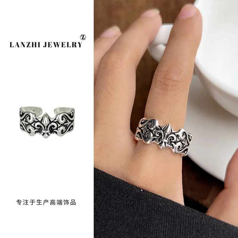 Lanzhi 925 Sterling Silver Ring, Personalized Punk Exaggerated Design Jewelry, Hip-Hop Open Ring, Non-Fading Niche