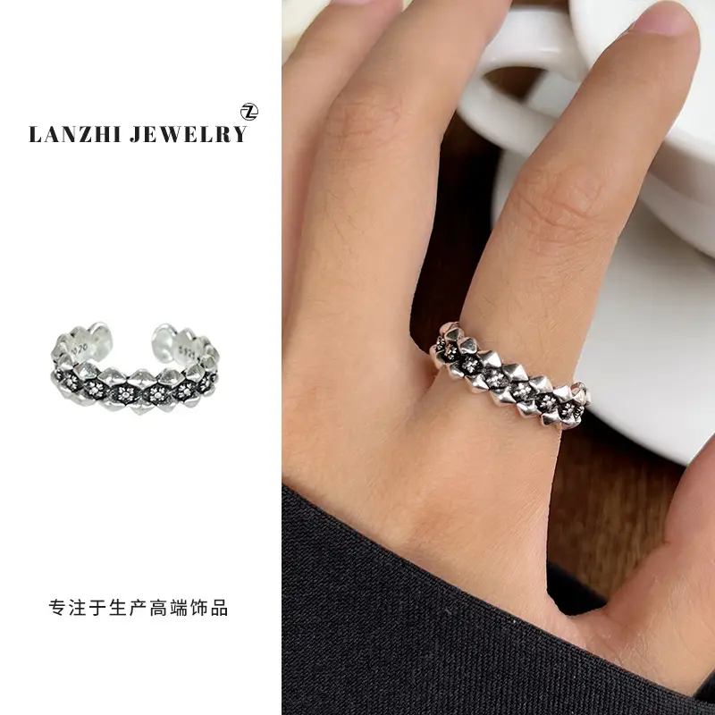 Lanzhi 925 Sterling Silver Ring, Personalized Punk Exaggerated Design Jewelry, Hip-Hop Open Ring, Non-Fading Niche