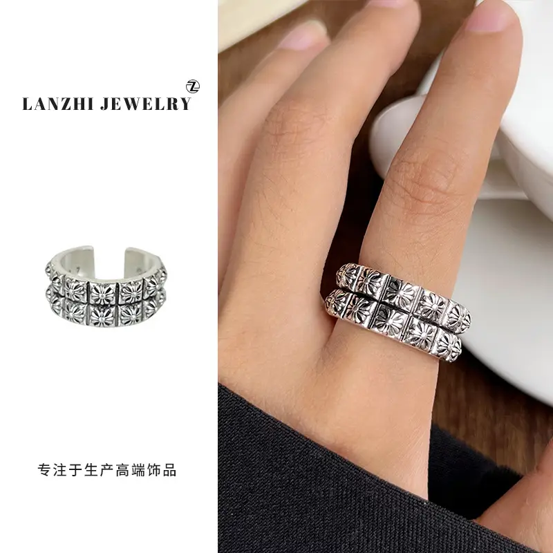 Lanzhi 925 Sterling Silver Ring, Personalized Punk Exaggerated Design Jewelry, Hip-Hop Open Ring, Non-Fading Niche
