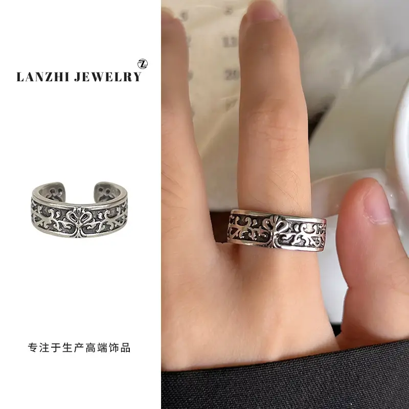 Lanzhi 925 Sterling Silver Ring, Personalized Punk Exaggerated Design Jewelry, Hip-Hop Open Ring, Non-Fading Niche