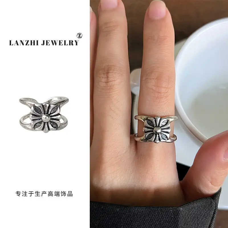 Lanzhi 925 Sterling Silver Ring, Personalized Punk Exaggerated Design Jewelry, Hip-Hop Open Ring, Non-Fading Niche